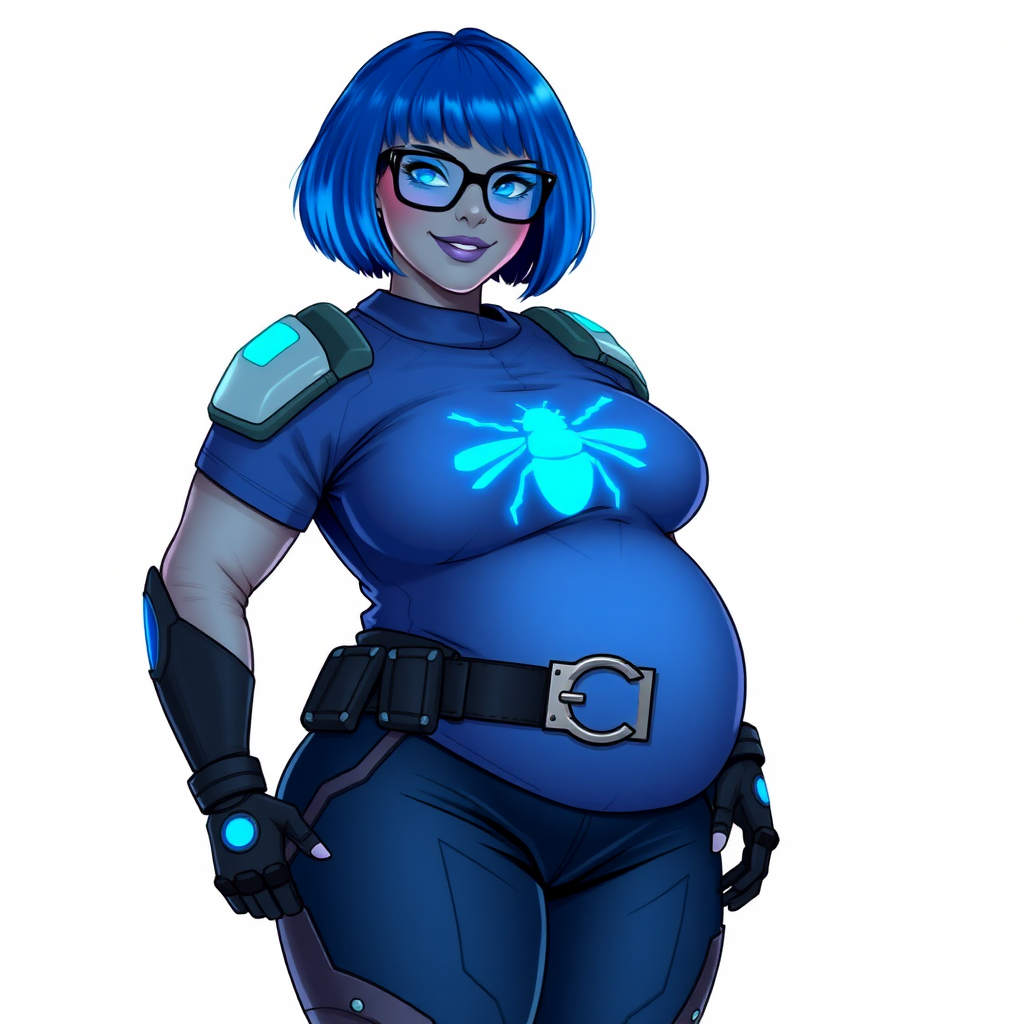 A 28-year-old, full-figured, middle gray skinned computer program hybrid with a maximum blue bob cut. She has a non-athletic build, highlighted by a prominent, round, large midsection (with emphasis on her belly), which shows the aftermath of her pampering. As the heavily pampered digital sidekick to her cyberpunk vigilante boyfriend, her middle gray metallic skin and maximum blue lipstick emphasize her digital nature. She wears a digital, computerized costume inspired by DC’s Carrie Kelly Robin, consisting of a huge, tight-fitting, maximum blue t-shirt with a neon blue glowing chest icon of a beetle, hi-tech shoulder pads with neon blue accents, a black hi-tech belt with a digital neon blue glowing buckle, digital maximum blue biker pants with neon blue accents, and black hi-tech fingerless biker gloves with neon blue glowing accents. Her neon blue glowing eyes, black eyeglasses with a neon blue glowing HUD built into the lenses, and shy smile with neon red blush accentuate her nerdiness. She stands bashfully with one hand behind her back and the other hand gently touching her cheek, her costume covering all her skin and emphasizing her full-figured physique (especially her belly). She is clearly non-athletic, with a focus on her full-figured physique. Despite her build, she radiates beauty. She has a slim face compared to her physique, accentuating her radiant beauty. She is on a solid white background. She is drawn as if she were in a retro 2D cyberpunk fighting game.