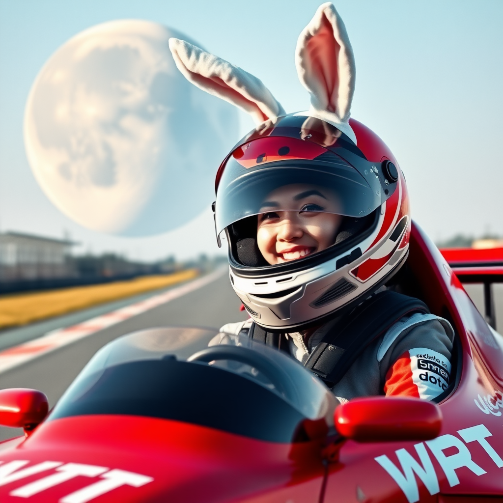 On the racetrack, there is a red race car with "WRT" written on it. A beautiful Chinese female driver is wearing a full-face racing helmet, and the visor is lifted. She is smiling, and there are white rabbit ears on top of her helmet. In the background is an enormous moon, with visible craters.