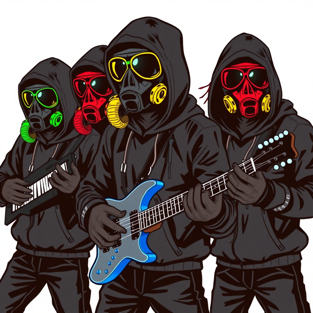 A 4-person rock band-themed group of cyberpunk anarchist vigilantes wearing black tactical hoodies and color-coded gas masks with black lenses. Each member has a unique gas mask color and instrument:

Maximum Yellow: Hypnotic Keyboardist  
Maximum Green: Seismic Drummist  
Maximum Blue: Electrokinetic Guitarist  
Maximum Red: Sonic Lead Vocalist  

The scene should capture their rebellious and intense energy, with each member in a dynamic pose, ready to unleash their musical and anarchistic powers. They are on a solid white background. They are drawn as if they are in a retro 2D cyberpunk fighting game.