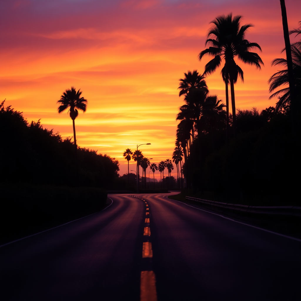 This is a serene sunset scene captured from a low angle on a winding road bordered by tall palm trees. The road features noticeable yellow lines that lead the viewer's gaze into the distance. The sky is breathtakingly blended with warm orange, deep purple, and soft pink, reflecting the atmosphere of this calm and golden hour. The soft silhouettes of lush foliage on either side create depth, while the fading sunlight casts gentle shadows. The image emphasizes color and atmosphere rather than precise details, invoking a peaceful feeling in the aesthetic of an Impressionist painter.