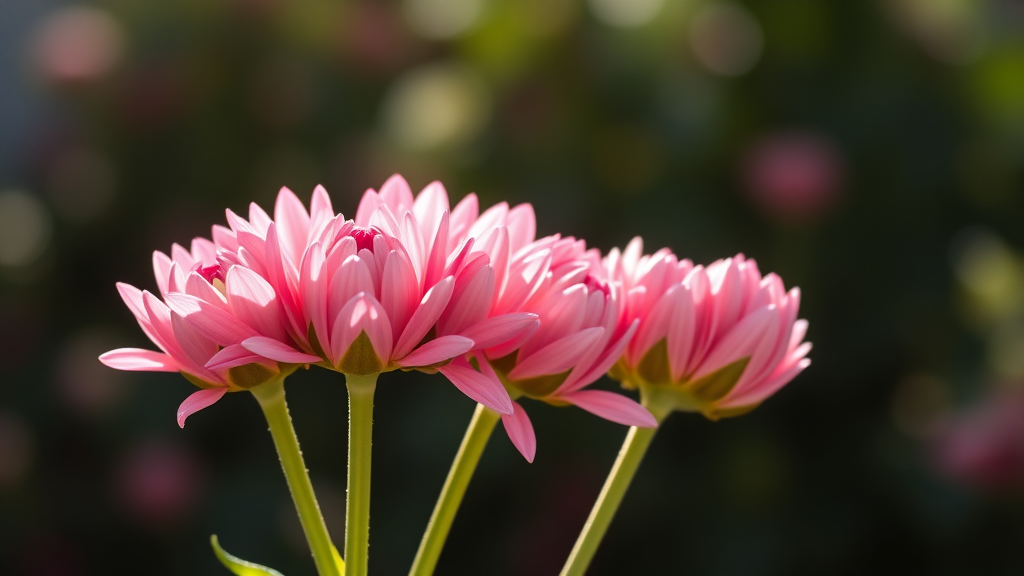 Create an image that looks like a photograph, featuring beautiful chrysanthemum buds. There are five buds arranged naturally on the side, each bud placed one by one on a single stem. The background is out of focus, and sunlight is shining naturally.