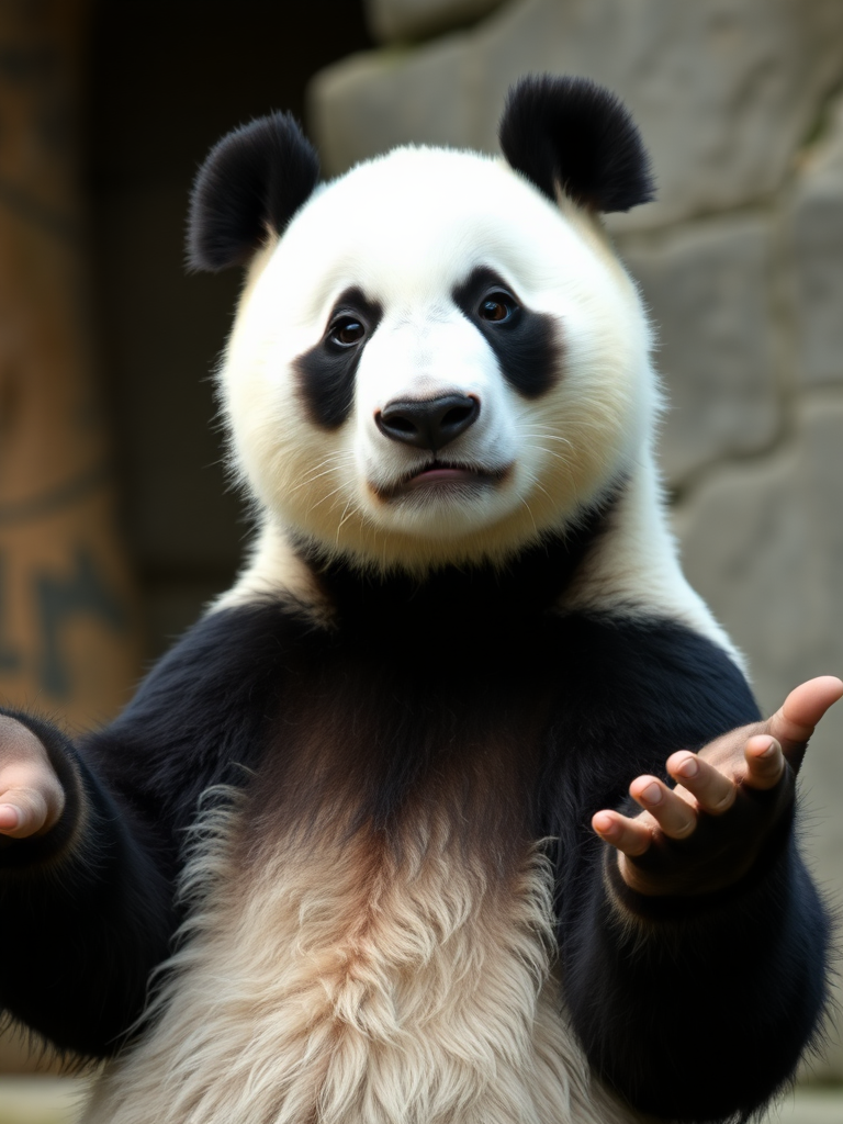 Picture of a panda bear looking into the camera while shrugging with his hands stretched out to the sides.