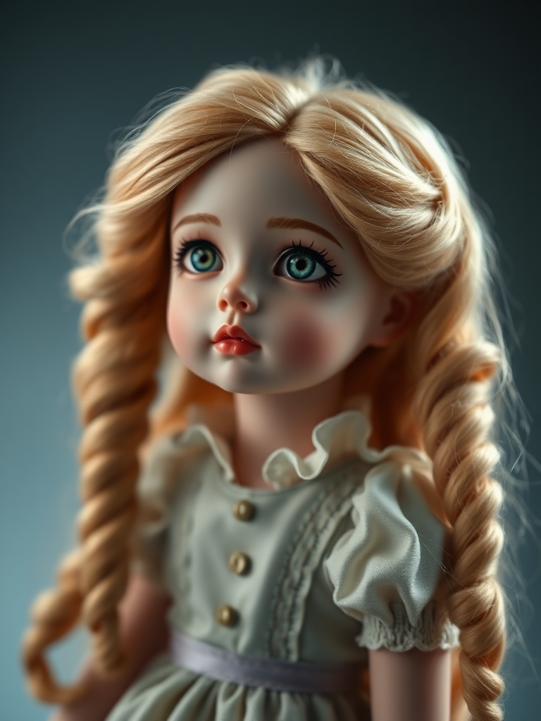 Alice in Wonderland, looking into the distance, ooak art doll, artist doll, realistic doll, life-like porcelain doll, unique personality, stunning eyes, bisque doll, portrait photography, low key lighting, dept of field, studio photography, full body shot, lively pose