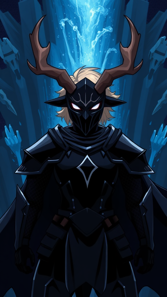 (Anime-pixel art) background of a massive blue-black-dark fountain erupting into the air, a fierce and violent knight stands poised for battle. She wears sleek, black knight armor, marked by a small white eye symbol at its center, exuding an air of intimidation. Her face is obscured by a terrifying goat-like mask, with a single glowing white eye on the right, and another white eye symbol perched at the top of the mask, adding to her menacing presence. The knight's imposing silhouette is accentuated by two large, dark-silver shoulder guards that gleam ominously in the darkness. Draped behind her is a flowing dark-blue cape that billows dramatically, hinting at her formidable power. Atop her head, two impressive deer antlers rise, further enhancing her fearsome appearance, while her short, tousled blonde hair peeks out from beneath the mask. This is the Roaring Knight, known as Mayor Holiday from Deltarune, captured in a striking full-body view that highlights both her ferocity and enigmatic allure.