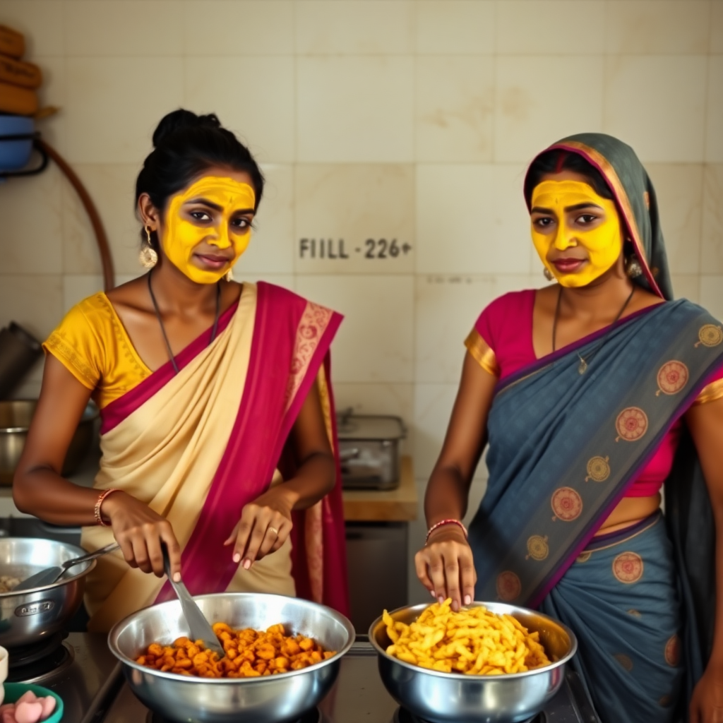 2 slim, 30 year old, Indian maids. They are cooking food in the kitchen. Their face is covered with turmeric face mask.