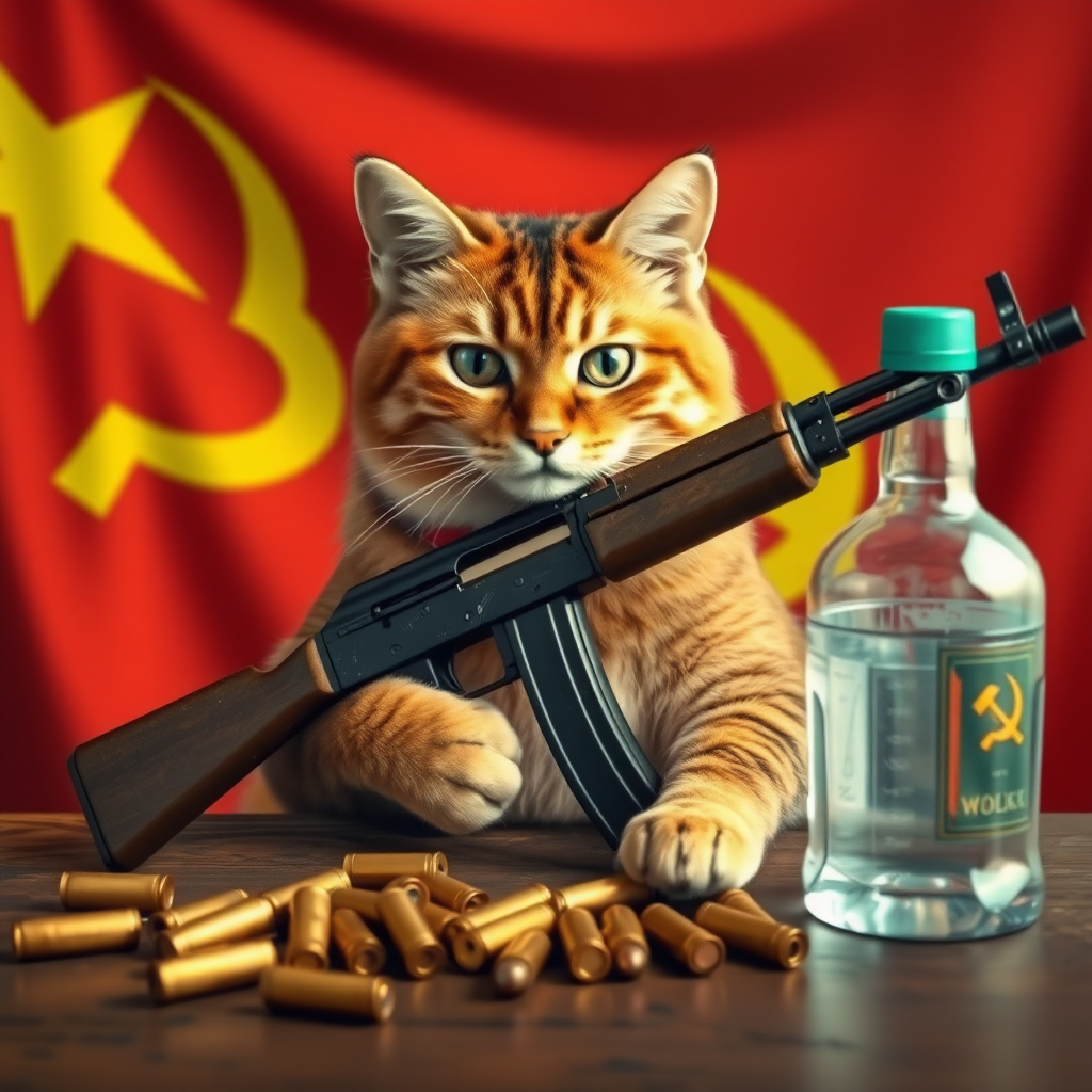 Soviet communist cat with an AK-47 and vodka and a Soviet flag behind a table with bullet casings on it