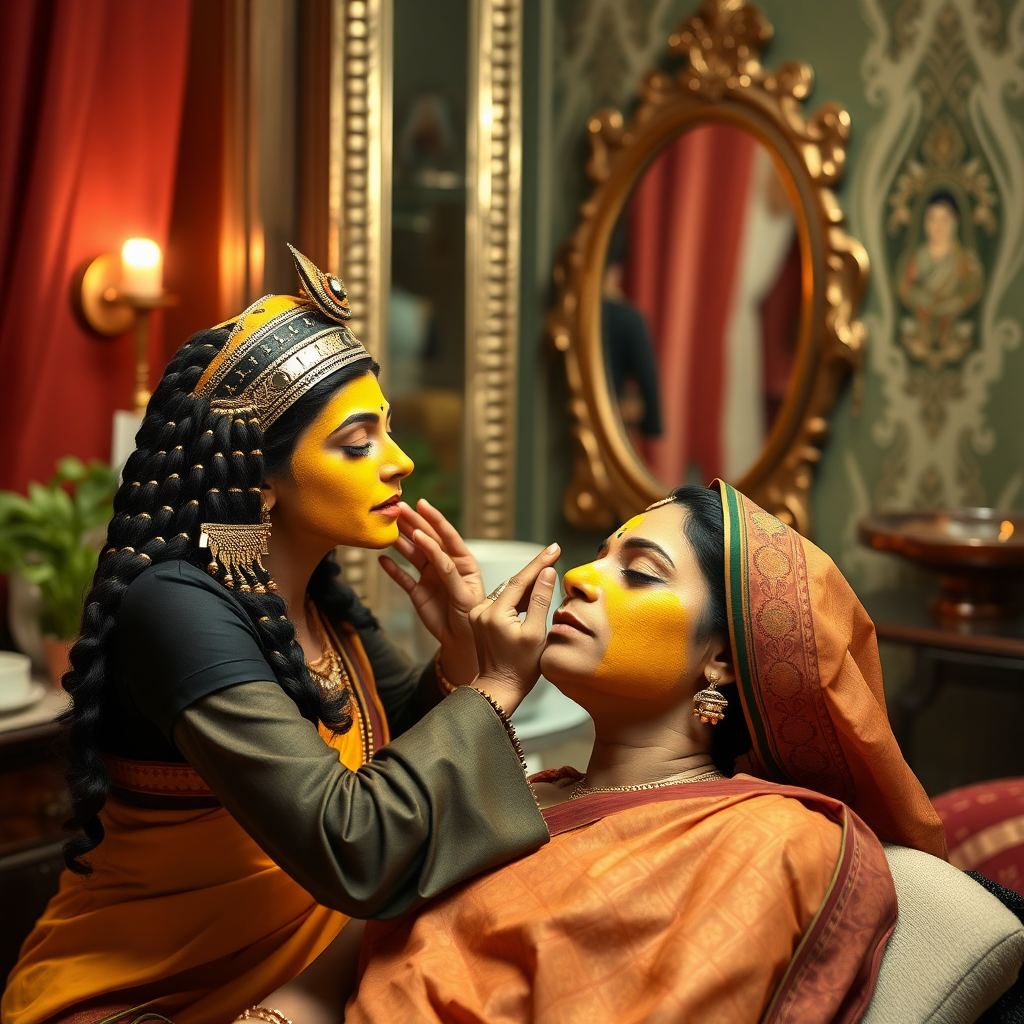 Cleopatra, working in a beauty parlour, giving a turmeric facial to a rich, traditional Indian wife.