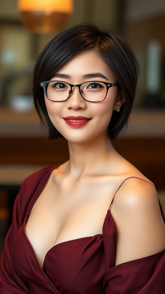 A beautiful Chinese woman, 30 years old, with short hair, wearing glasses, a full figure, and a small chest.