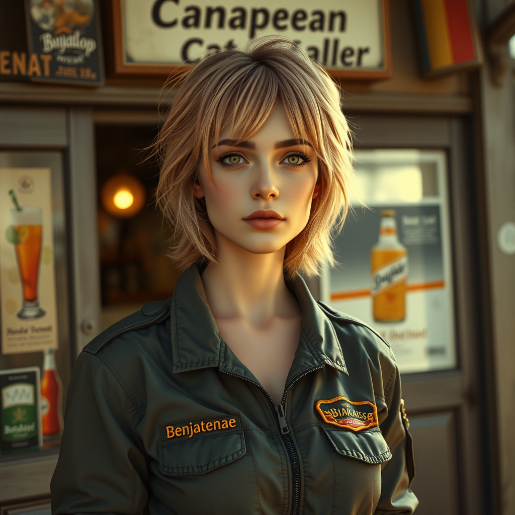 A girl with face like (Ana de Armas), pale, no makeup, messy shoulder length strawberry blonde hair, athletic, wearing a flight suit, "Benaenae" badge on the pocket. Urban, a run-down bar with the words "Canopean Catcaller" above the door. Morning, bright. Advertisement for a drink called "Brajkaisop". Hyperrealistic, film grain, soft focus.