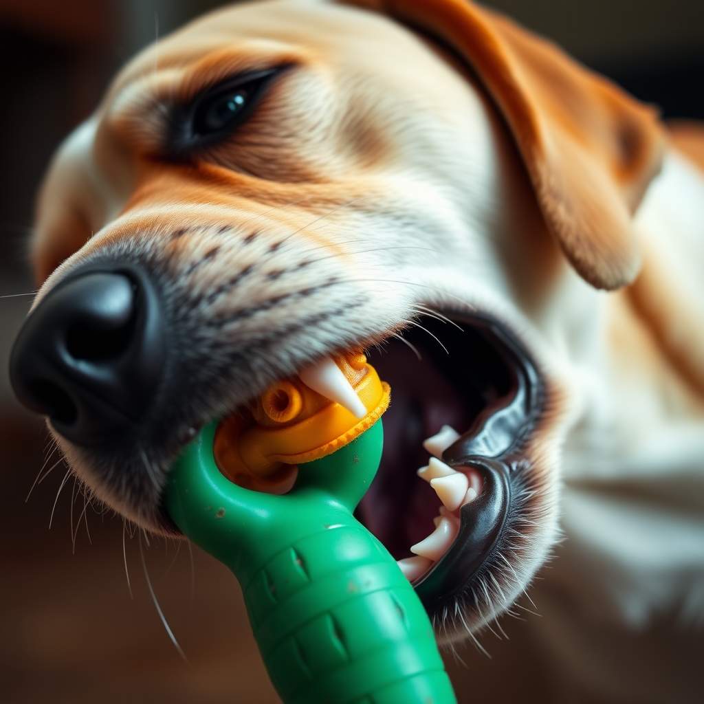 A dog biting a toy, close-up shot, side view of the head, showing the jaw.