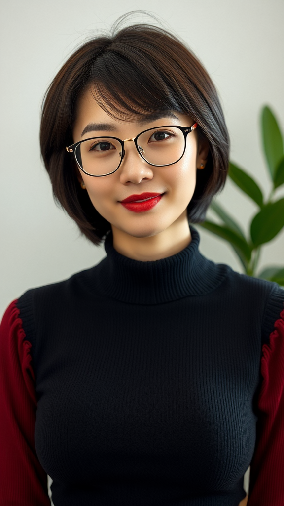 A beautiful Chinese woman, 30 years old, with short hair, wearing glasses, a full figure, and a small chest.