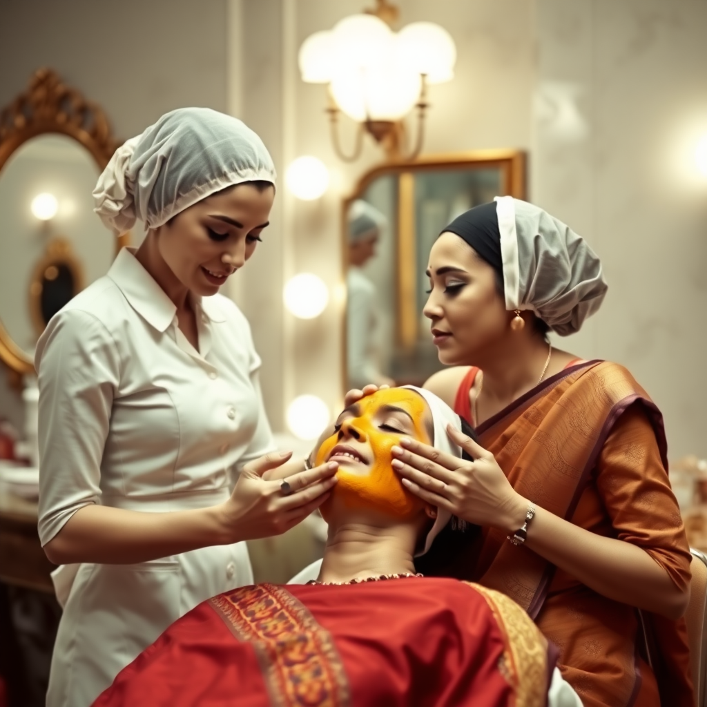 2 slim French maids, wearing hair nets, working in a beauty parlor, giving a turmeric facial to a rich, traditional Indian wife.