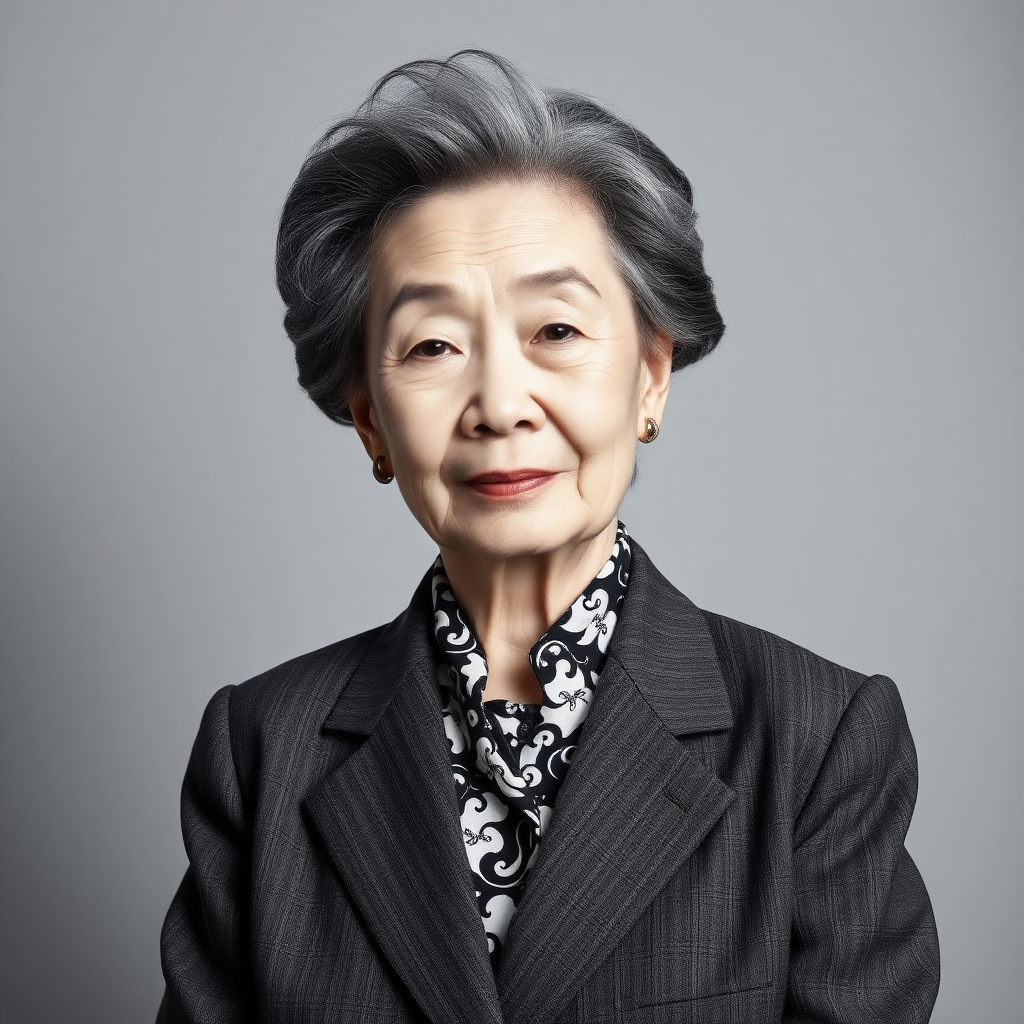 80 age old korean woman, front, woman suit, photo studio background, black and white hair,