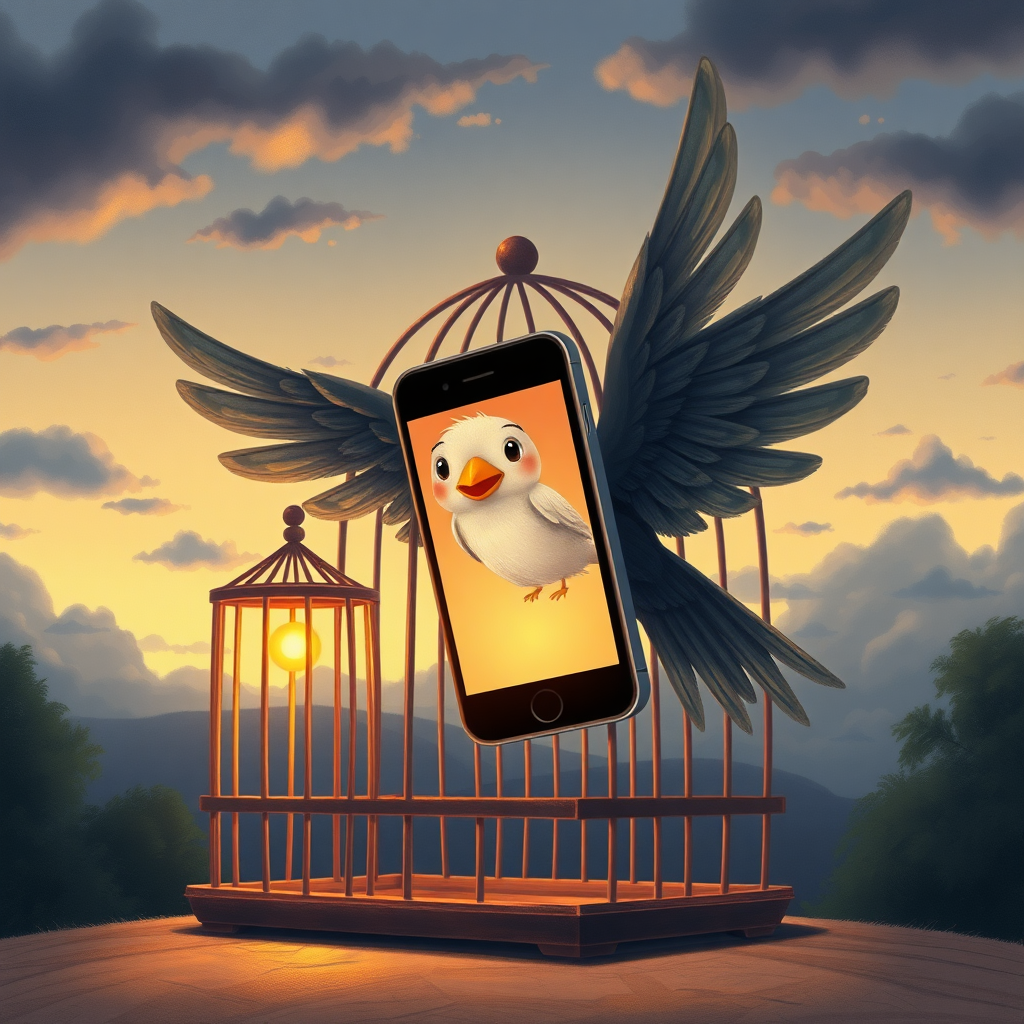 A recently liberated iPhone with wings flying out of a bird cage and into a twilight sky, in the style of a professional children's illustration, lots of detail