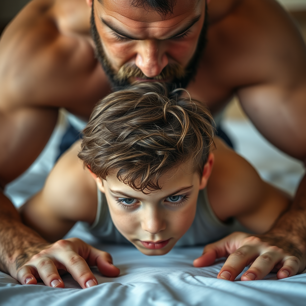 A beautiful teen boy, slightly curly very long hairs, bent over bed, face down. With a giant strong muscular slightly bearded adult man directly on the boy. Frontal view