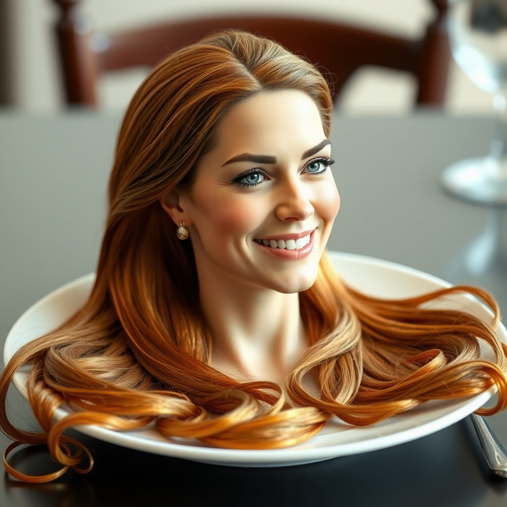 In a surreal and whimsical culinary display, Kate Middleton's disembodied head is elegantly arranged on a pristine, white porcelain plate. Her long, flowing hair cascades luxuriously around the edges, each strand meticulously crafted to shimmer in the ambient light, reminiscent of spun gold. The delicate features of her face, perfectly sculpted, convey a serene expression, with a soft, inviting smile that radiates warmth and grace.