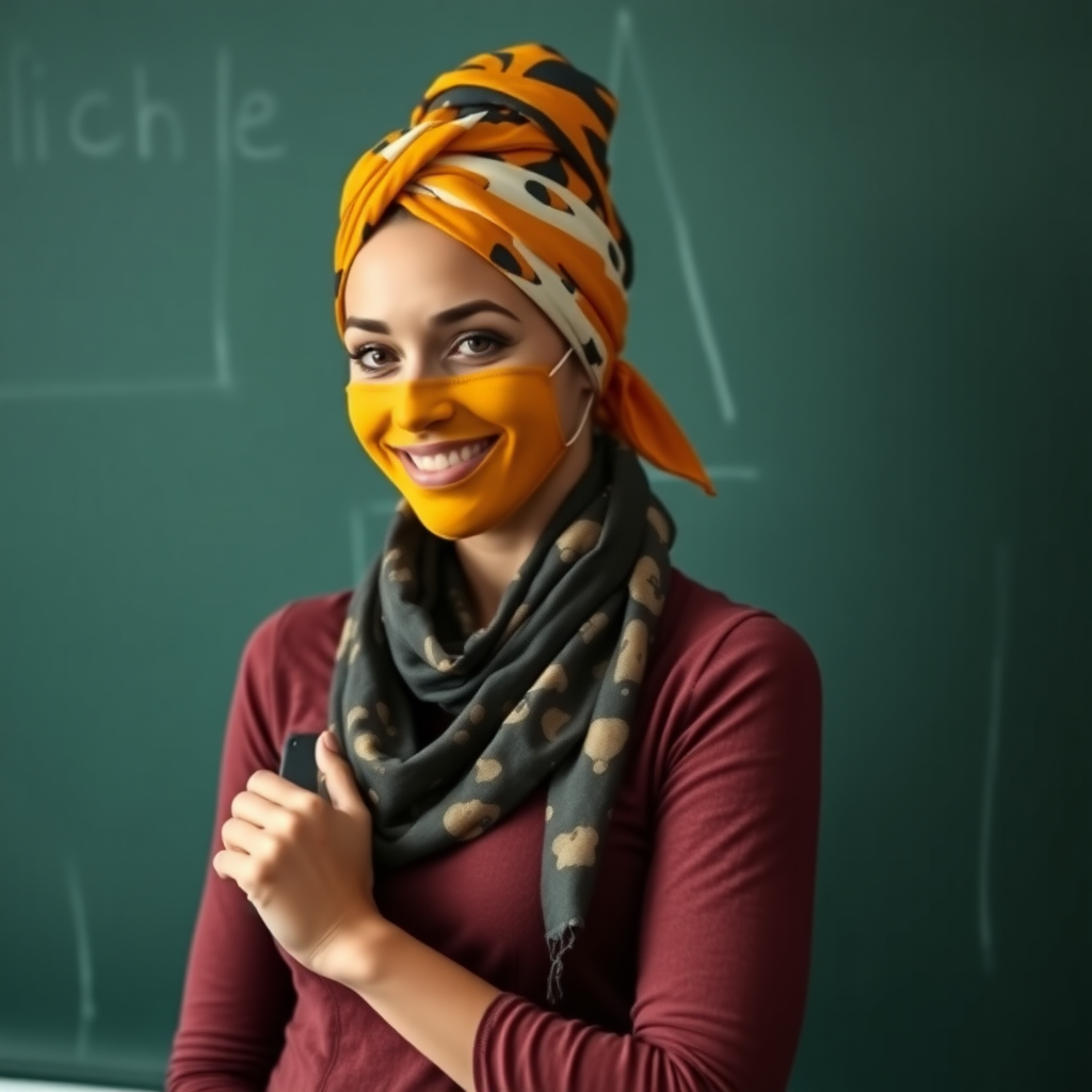 slim, 30 year old, sexy, french female school teacher, scarf head knot, turmeric face mask. She is smiling and teaching on a blackboard