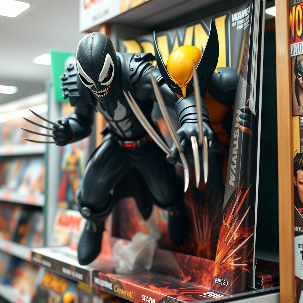 Jumping out of a Comic book cover on a store shelf is Spawn and Wolverine with his perfectly razor sharp claws in Cinematic Real3D photo-realistic quality.