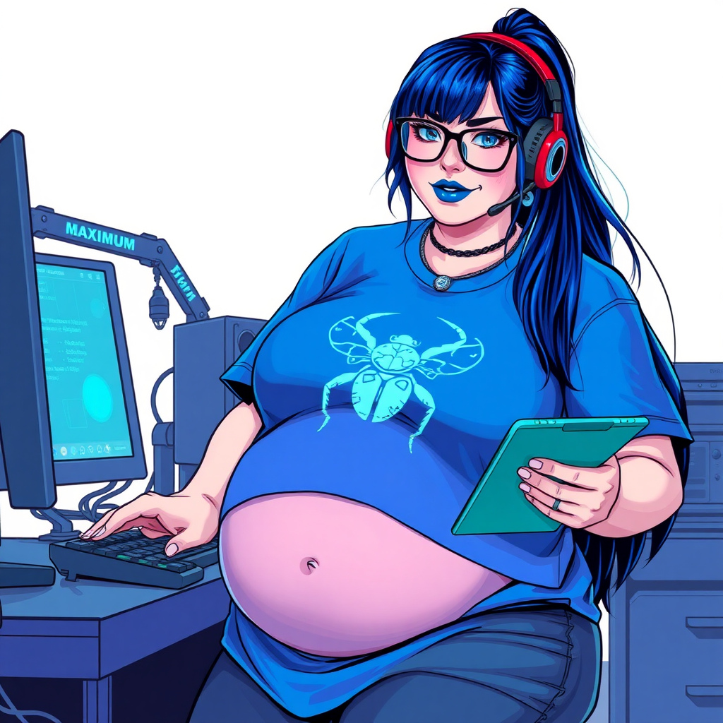 A cyberpunk vigilante’s full-figured intelligent and tech-savvy 28-year-old girlfriend, who is a computer hacker and tech genius. She has a long maximum blue ponytail. She wears maximum blue lipstick, blue eyes, a sapphire beetle gemstone necklace, sapphire earrings, black eyeglasses, and an oversized maximum blue t-shirt featuring a blue sapphire gemstone crusted chest icon of a beetle. She has a full-figured physique with a prominent, massive, round belly, reflecting her well-cared-for lifestyle. She sports a sapphire headset with a hi-tech maximum turquoise lensed HUD, and a shy smile with a neon red blush. She serves as his tech expert from his hideout, diligently working at her workbench and computer desk, while holding an electronic wrench and a holographic computer tablet. The background is solid white. She is drawn as if she was in a retro 2D cyberpunk fighting game. Ensure her maximum blue t-shirt covers her belly.