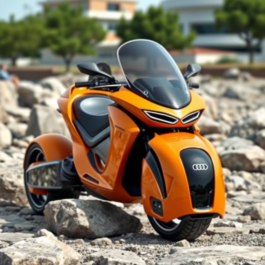 A photo of a futuristic 3-wheel motorcycle with an Audi design, featuring smooth design lines and a vivid orange color. The motorcycle has a sleek, aerodynamic body with a transparent canopy. It is parked on a rocky terrain with large boulders. The background is blurred, with a few trees and a building visible in the distance.