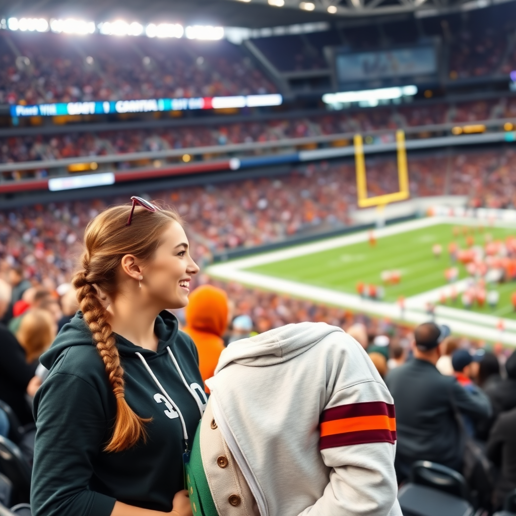 Attractive female NFL fan, pigtail hair, talking with friends, inside crowded bleachers, NFL stadium