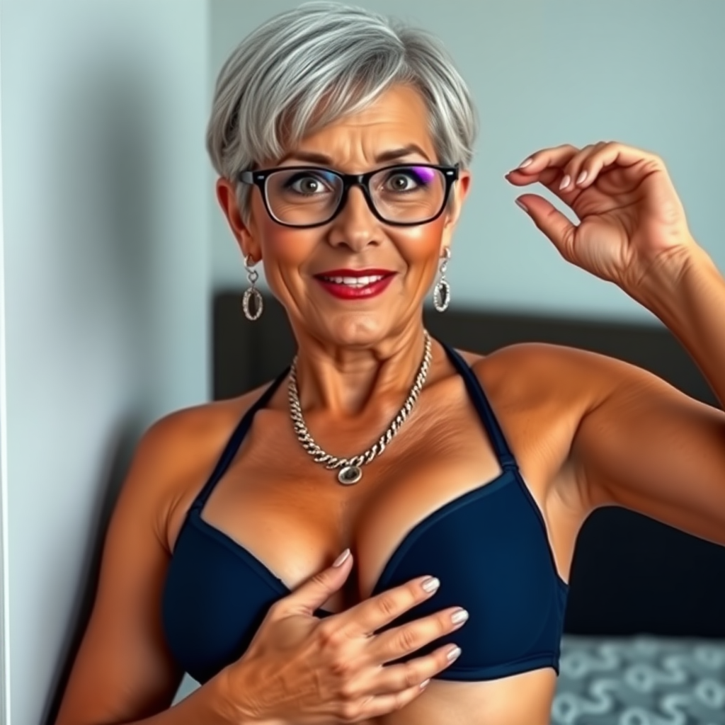 45 Years old, European, Latina, sharp aquiline nose, wrinkles, high cheekbones, Middle Eastern, Skinny, Tanned skin, Dark light skin, Rounded breasts, Medium breasts, Skinny thighs, Big ass, Rounded ass, full Makeup, jewelry, Serious face, Sharp nose, shocked, smile, open mouth, blushing, horny, Ash hair, short bowl haircut, Slicked hair, Short hair, Brown eye color, Glasses, with detailed features. she is wearing navy blue lingerie, high waist panties. she is holding up her breast