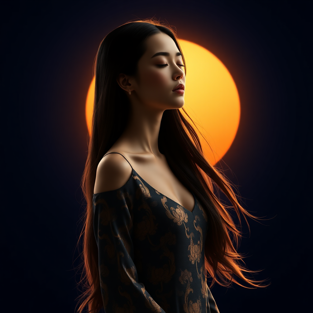 A stunning minimalist graphic artwork showcasing a close-up of a graceful woman with long, flowing hair and closed eyes. She wears an exquisite gold-patterned dress that exudes elegance, standing gracefully against a mesmerizing setting sun. The composition features a dark blue background that seamlessly blends warm golden and copper tones, highlighting the artwork's simplicity and sophistication. Inspired by conceptual art, portrait photography, cinematic styles, and subtle hints of ukiyo-e, this piece conveys a profound message through its minimalist approach. Masterful use of negative space celebrates the beauty of simplicity and elegance in their purest forms.

Technical and Artistic Specifications:

    Resolution & Display: Rendered in stunning 64K UHD resolution with a broad color spectrum and intricate detail, perfect for showcasing on high-profile platforms like ArtStation and Behance.
    Digital Art Techniques: Utilize cutting-edge tools such as Corel Painter, ZBrush, and Adobe Photoshop to achieve remarkable 3D volume, exquisite shading, and ultra-fine detailing.
    Material Effects: Incorporate high-quality pigments, metallic flakes, and glass beads to ensure textures radiate vibrantly under raking light.
    Lighting & Depth: Employ a tranquil chiaroscuro effect with a subtle interplay of light and shadow, enhancing depth and clarity. Pay close attention to lighting, depth of field, and eye movement to create a visually captivating experience.
    Color Palette: Use soft, delicate colors and nuanced shades of grey, black, and white to infuse the piece with subtlety and serenity while adding depth without overwhelming the composition.
    Rendering Techniques: Apply advanced rendering techniques for unparalleled detail and sharpness, including hyper-realistic pencil sketch textures for intricate details.
    3D Effects: Incorporate 3D volumetric effects to enhance the artwork’s depth and spatial qualities, ensuring a gentle, lifelike depth that sparks the imagination.
    Photography Style: Utilize a balanced f/11 aperture and a raw photographic style with advanced v6 enhancements to render vivid colors and minute details at an unparalleled level of realism.
    Composition Harmony: Ensure maximum harmony across all elements, resulting in a balanced and cohesive composition that emphasizes striking details through a cinematic close-up approach.

Inspirations:
Inspired by Cameron Gray, John Gould, Vladimir Volegov, Mondrian, Craig Mullins, Jirka Vinse, Jonatan Väätäinen, Meghan Duncanson, and Bergsma.