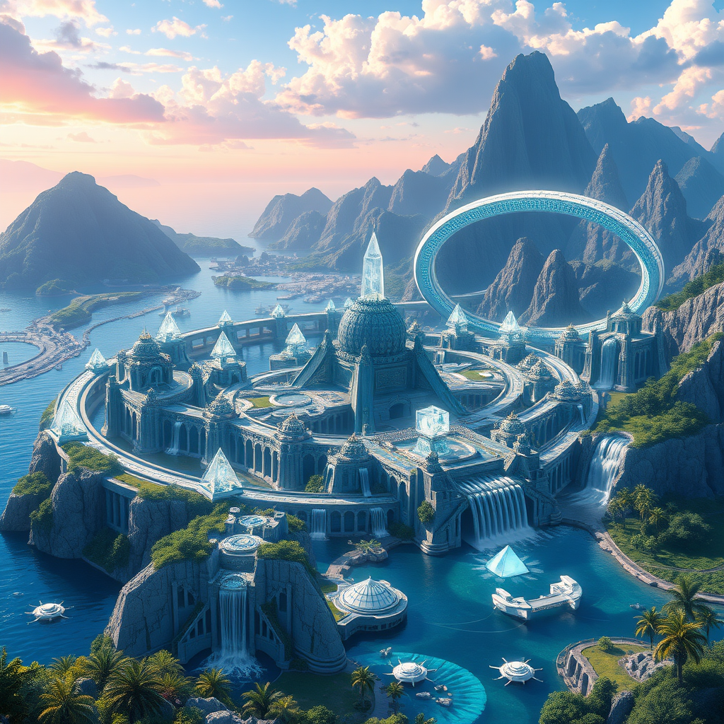 In this 8k resolution anime art piece, the grand city of Greater Atlantis is portrayed with breathtaking clarity and cinematic quality. The cityscape is a mesmerizing fusion of ancient Greek aesthetics and futuristic technology, creating a scene of unparalleled beauty and sophistication.

Cityscape:

Structures: The city features massive, blue-marble-colored buildings with uniquely shaped, elegant structures reminiscent of Greek architecture but with a high-tech twist. These buildings are adorned with intricate patterns and glowing accents, emphasizing their advanced nature.  
Ringed Structure: Encircling the entire city is a monumental ringed structure, its design both protective and majestic. The ring is adorned with luminous patterns, creating a halo of light that highlights the city's grandeur.  
Natural Features:

Waters: Expansive, shimmering waters surround the city, reflecting the intricate architecture and the vibrant sky above. The water is dotted with futuristic floating objects, their white technological designs adding a sleek, modern touch.  
Mountains: Towering mountains rise in the background, their peaks crowned with cascading waterfalls that flow gracefully into the city’s waters. The waterfalls glisten in the sunlight, adding a natural, serene element to the scene.  
Pyramids: Scattered throughout the city are pure quartz pyramids, each topped with a radiant crystal. These pyramids are illuminated, casting a mystical glow over the surroundings.  
Technological Elements:

Hovering Objects: White technological devices hover elegantly over the water, their designs sleek and advanced. These objects emit a soft, ethereal light, enhancing the futuristic atmosphere of the city.  
Tropical Lands:

Landscapes: The city’s environment includes lush tropical lands, with vibrant greenery and exotic plants that contrast beautifully with the technological marvels. The tropical vegetation adds a touch of natural beauty and warmth to the otherwise sleek, futuristic cityscape.  
Overall Aesthetic: The entire composition is bathed in a soft, cinematic light, enhancing the rich colors and intricate details. The scene captures the essence of Greater Atlantis, a city that seamlessly blends ancient grandeur with futuristic innovation, creating a stunning and immersive visual experience.