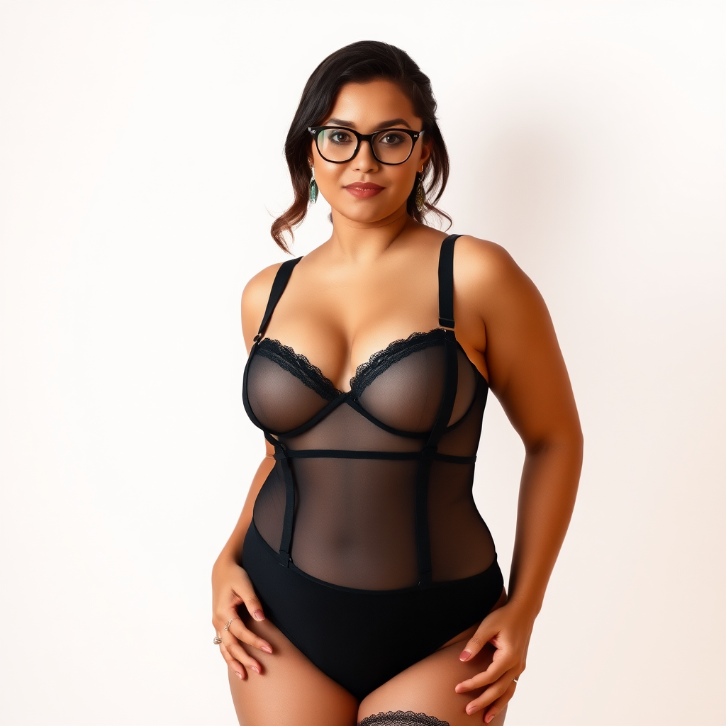 Help me generate a photo: a woman standing upright, a teacher, beautiful, with grace and charm, voluptuous and curvy, wearing glasses, in a sexy sheer bodysuit, black lingerie and suspender stockings, around twenty to thirty years old.