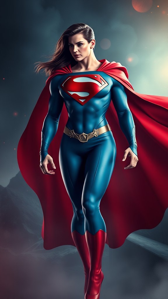 Generate a full-length image of Superman infused with the feminine musculature of Jessica Rabbit, modifying the body's silhouette to match. Retain the head, hairstyle, and facial features of Superman while adapting the original costume with embellishments to fit new proportions. Craft a dynamic background inspired by both characters, blending elements of superhero aesthetics and the sultry glamour of Jessica Rabbit, creating a visually striking scene that highlights the unique fusion of strength and femininity.