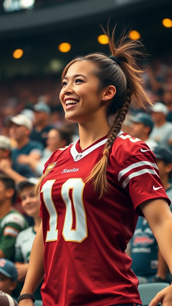 Extremely hot female NFL fan, pigtail hair, jersey, cheering, inside the crowd