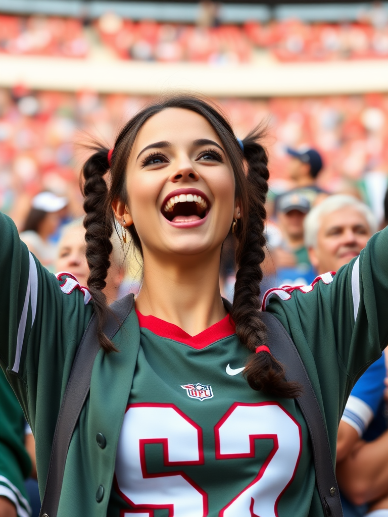 Attractive female NFL fan, pigtail hair, cheering wildly