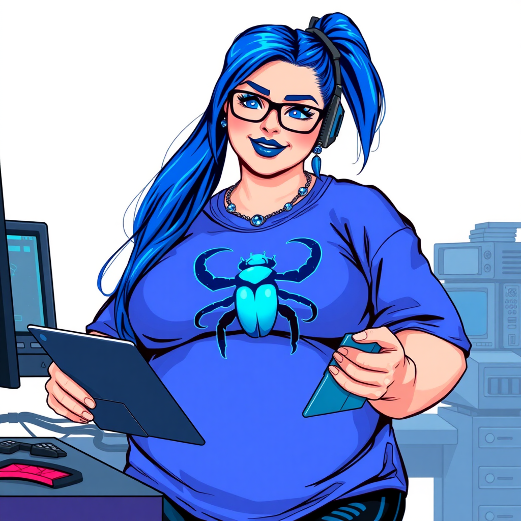 A cyberpunk vigilante’s full-figured intelligent and tech-savvy 28-year-old girlfriend, who is a computer hacker and tech genius. She has a long maximum blue ponytail. She wears maximum blue lipstick, bright blue eyes, a sapphire beetle gemstone necklace, sapphire earrings, black eyeglasses, and an oversized maximum blue t-shirt featuring a blue sapphire gemstone crusted chest icon of a beetle. She has a full-figured physique with a prominent, massive, round belly, reflecting her well-cared-for lifestyle. She sports a sapphire headset with a hi-tech maximum turquoise lensed HUD, and a shy smile with a neon red blush. She serves as his tech expert from his hideout, diligently working at her workbench and computer desk, while holding an electronic wrench and a holographic computer tablet. The background is solid white. She is drawn as if she was in a retro 2D cyberpunk fighting game. Ensure her maximum blue t-shirt covers her belly.