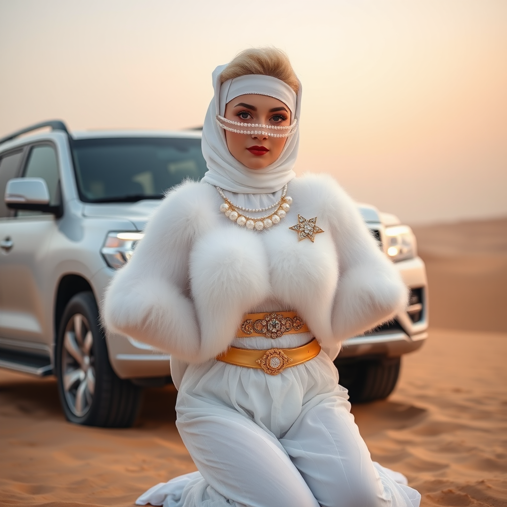 Kuwait desert dunes misty dawn, full size luxury SUV: Melissa, European 17 years old very convincing femboy “trophy-bimbo”, tamed servile docile, very beautiful feminine flawless face, rather short, by hormones very curvaceous womanly figured, platinum blond short tight curls, bold red lips, heavily made-up face, wearing Supertanya-style fluffy very fuzzy bright white angora turtleneck-poncho cropped ending under bust decorated with pearls and gemstones, striking oriental wide gold bridal protection belt, white fully transparent harem pants, full Oriental bridal jewelry, face covered by white transparent full Burka, coin anklets, striking diamond “$$$” letter brooch on left chest, pout frustrated, hands tied behind back, kneeling in sand in front of SUV, looking at camera. Focus on face and turtleneck-poncho.