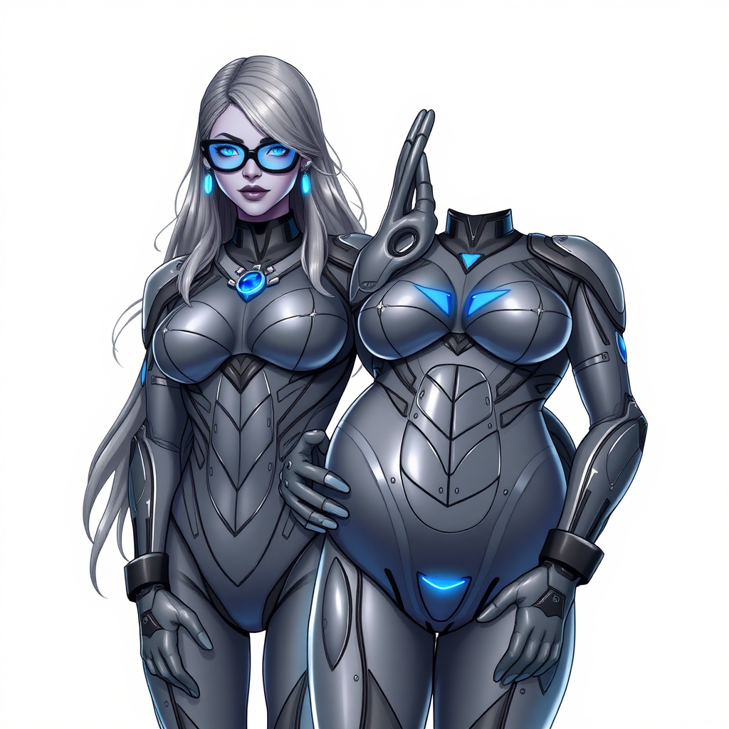 A 29-year-old computer science major, she is the devoted girlfriend of a vigilante and serves as his dotingly pampered, full-figured, nerdy, Middle Gray (N5) metallic skinned digital sidekick. She is now a Computer Program hybrid, with a unique, metallic Middle Gray (N5) skin color that blends with her suit and hair, appearing to merge together as computer data. Her long hair, suit, and skin are all the same metallic Middle Gray (N5) all blending together to appear to merge as computer data. Her neon blue eyes are mesmerizing. Her full figure, especially her prominent, round, gargantuan midsection, shows just how heavily fed and pampered she is, with sequoia-sized limbs and broad shoulders.

As a loyal and supportive sidekick, she plays a crucial role in their missions, using her digital prowess to assist and protect. She wears a blue sapphire scarab necklace and blue sapphire earrings, which she received as symbols of their love before his 5-year disappearance. Her digital and computerized bodysuit, also Middle Gray (N5), blends with her skin and hair (appearing to merge together like computer data). She is equipped with high-tech features, including holographic displays and integrated hacking tools. She has matching high-tech gloves. She emits neon blue data cubes from her body, set against a solid white background.

Heavily, attentively, and immensely pampered through being well-fed since their reunion, her full figure clearly shows the extent of care she has received. Despite her digital enhancements, she retains her human vulnerabilities, including hunger and sleep, and is not immune to human weaknesses. She has the ability to hack into computers and machines, and her nerdiness is blatantly obvious with her black oversized eyeglasses. Her full figure, especially her gargantuan midsection, is prominently displayed and heavily emphasized. Her outfit, influenced by DC’s Jennifer Knight Phantom Lady, remains distinct.

Despite her boyfriend’s limited resources, she assists in the war on crime by serving as a minicomputer, traveling in a high-tech wristwatch and supercar’s computer system. Using her hacking abilities, she relays crucial knowledge related to missions. She is drawn as if she was in a retro 2D cyberpunk fighting game.