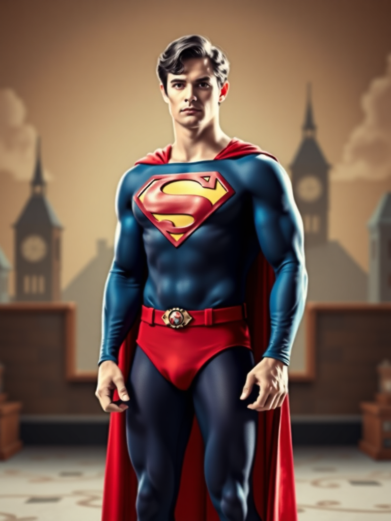 Create a full-length image of Superman using the body of Velma Dinkley: keep Superman's head, hairstyle, and facial features intact. Retain Superman's costume, incorporating embellishments from Velma's attire, and adjust the costume for the new proportions. Design the background by blending elements from both characters' worlds for a harmonious and creative backdrop.