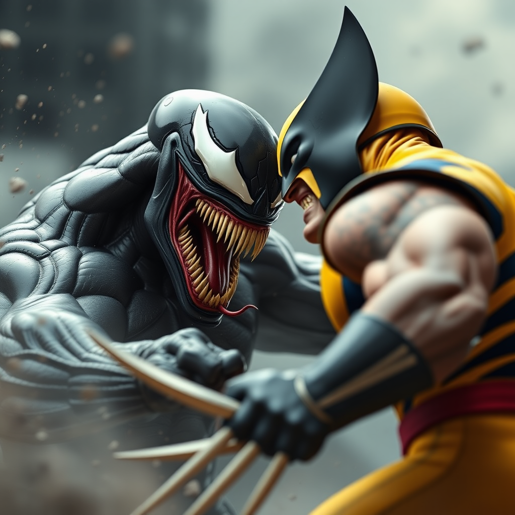 On a comic book cover is Venom Vs Wolverine in Cinematic Real3d photo-realistic quality.