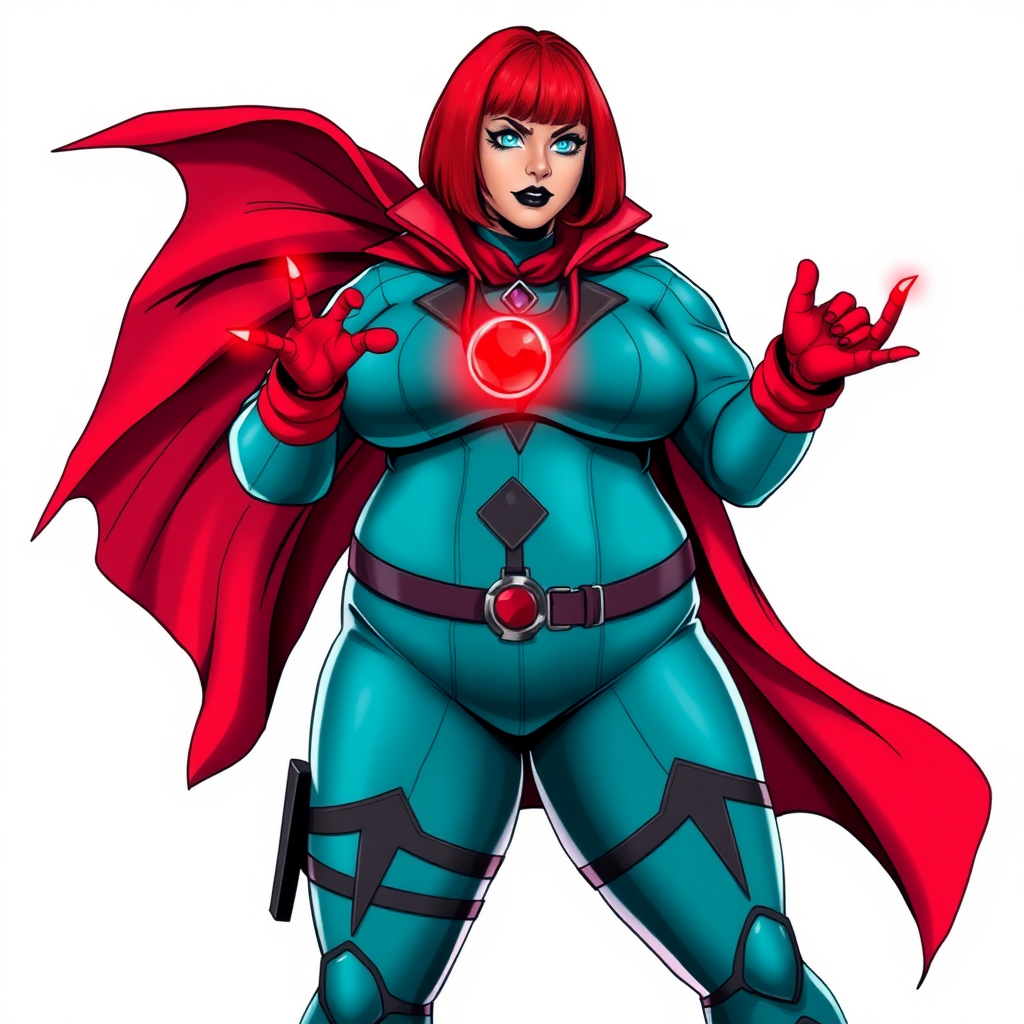 A 26-year-old, full-figured, mystical vigilante detective becomes the heavily pampered mystical ally of her cyberpunk vigilante older brother figure. She has a bright red bob cut, black lipstick, and piercing bright blue eyes. She has a new non-athletic build, now highlighted by a prominent, round, gargantuan midsection (with full emphasis on her gargantuan belly), which shows the aftermath of her new pampered lifestyle. Despite her pampered physique, she shows full confidence. She wears a huge, magical, tight-fitting, maximum turquoise biker suit (accentuating and emphasizing her gargantuan belly), complemented by a glowing neon red cape, a mystical ruby amulet (which is the source of her mystical powers), and magical red gloves glowing neon red. Her stance is firm and resolute, arms crossed, exuding a no-nonsense attitude. Her costume reflects the influence of DC New 52 Prime Earth’s Phantom Lady, Jennifer Knight, while her pose embodies the moral ambiguity and determination reminiscent of DC’s Pax Americana’s The Question. She is on a solid white background. She is drawn as if she was in a retro 2D cyberpunk fighting game. She is clearly non-athletic, with a focus on her full-figured physique. Make sure that her biker suit covers all of her bare skin (especially her gargantuan midsection).