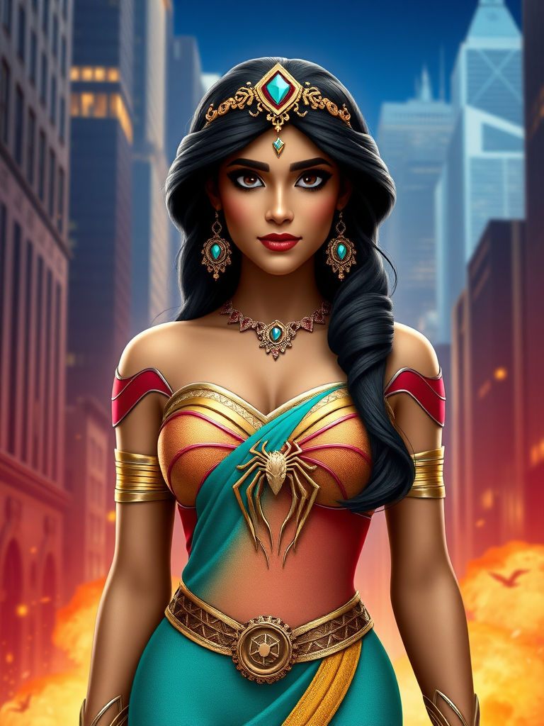 Generate a full-length photorealistic render of Princess Jasmine using the male body type of Spider-Man. Retain Jasmine's head while adjusting the body structure and silhouette to match Spider-Man's physique. Modify her costume to fit this new form without incorporating Spider-Man elements. Set the scene in a vibrant, suitable background that harmonizes elements from both characters' worlds, blending Agrabah's exotic atmosphere with New York City's urban landscape. Focus on capturing intricate details, vibrant colors, and lifelike textures in the final image.