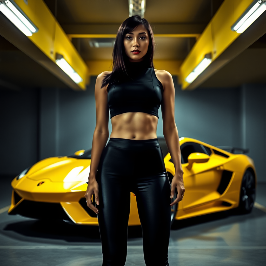 A vibrant underground parking garage scene featuring a striking yellow luxury sports car. The setting is illuminated with harsh fluorescent lighting, creating sharp contrasts and deep shadows. The focus is on a figure wearing a fitted black crop top and high-waisted black leggings, emphasizing a sleek silhouette. The car's glossy finish reflects the surroundings, enhancing the modern aesthetic. The walls are painted in a subtle gray tone, adding a cool, urban feel to the composition. The overall color palette includes bold yellows and deep blacks, evoking a sense of energy and sophistication. The style leans towards hyperrealism, capturing intricate details and textures in both the clothing and car.