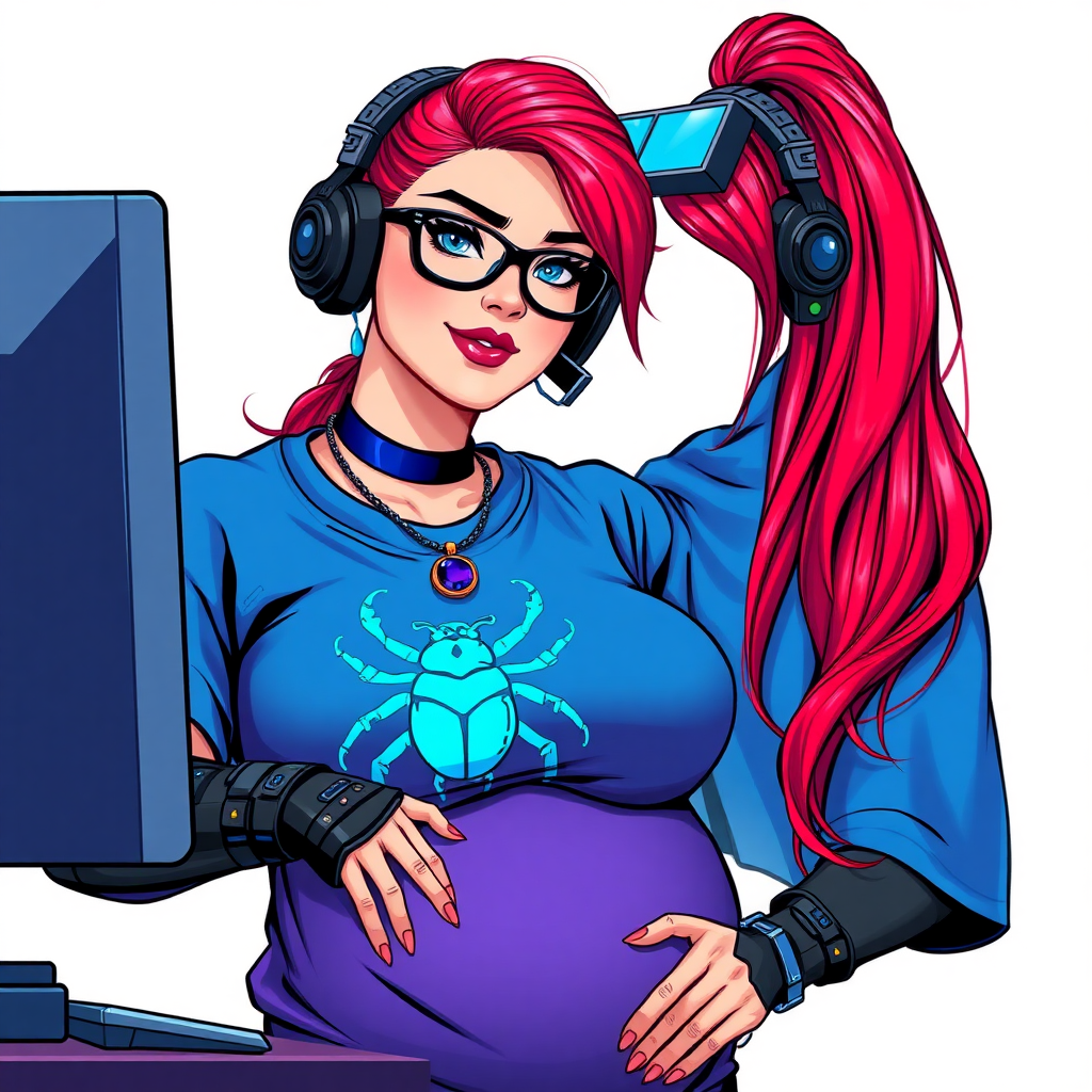 A cyberpunk vigilante’s full-figured intelligent and tech-savvy 29-year-old girlfriend, who is a computer hacker and tech genius. She has a long ruby red ponytail. She wears maximum blue lipstick, bright blue eyes, a sapphire beetle gemstone necklace, sapphire earrings, black eyeglasses, hi-tech metal arm armor, and an oversized maximum blue t-shirt featuring a blue sapphire gemstone crusted beetle chest icon. She has a full-figured physique with a prominent, massive, round belly, reflecting her well-cared-for lifestyle. She sports a sapphire headset with a hi-tech maximum turquoise lensed HUD, and a shy smile with a neon red blush. She serves as his tech expert from his hideout, diligently working at her lab table and computer desk. The background is solid white. She is drawn as if she was in a retro 2D cyberpunk fighting game.