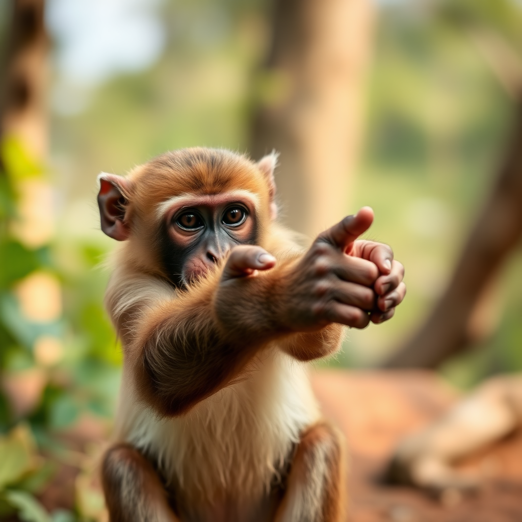 Monkey pointing its finger forward.