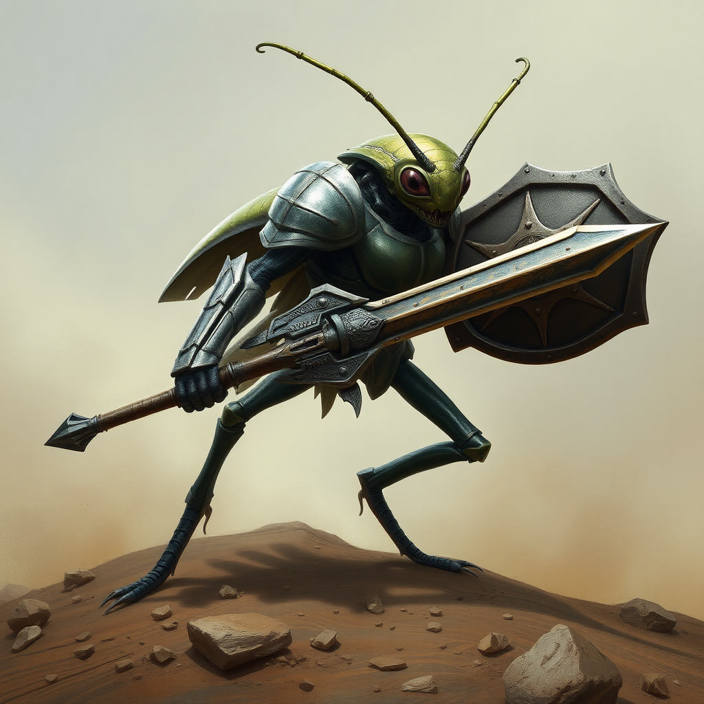 A bipedal insect alien, armoured, sword and shield, realistic