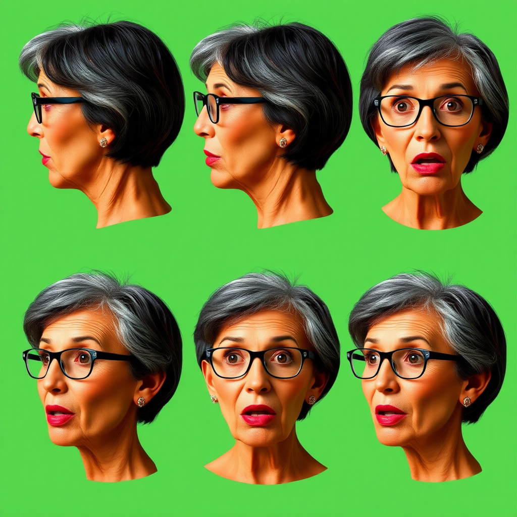 Photorealistic image of six headshots of a 50 Years old, fit, European, Latina, sharp aquiline nose, wrinkles, high cheekbones, Middle Eastern, Skinny, Tanned skin, Dark light skin, full Makeup, jewelry, Sharp nose, exaggerated expression, surprised, astonished, delighted, mouth open, dark grey Ash hair, short bowl haircut, Brown eye color, Glasses, with detailed features. Each photo displays the same face in back, profile and front view, cut out and isolated on a green background. All six heads are visible side by side, empty space around each view, no overlapping.