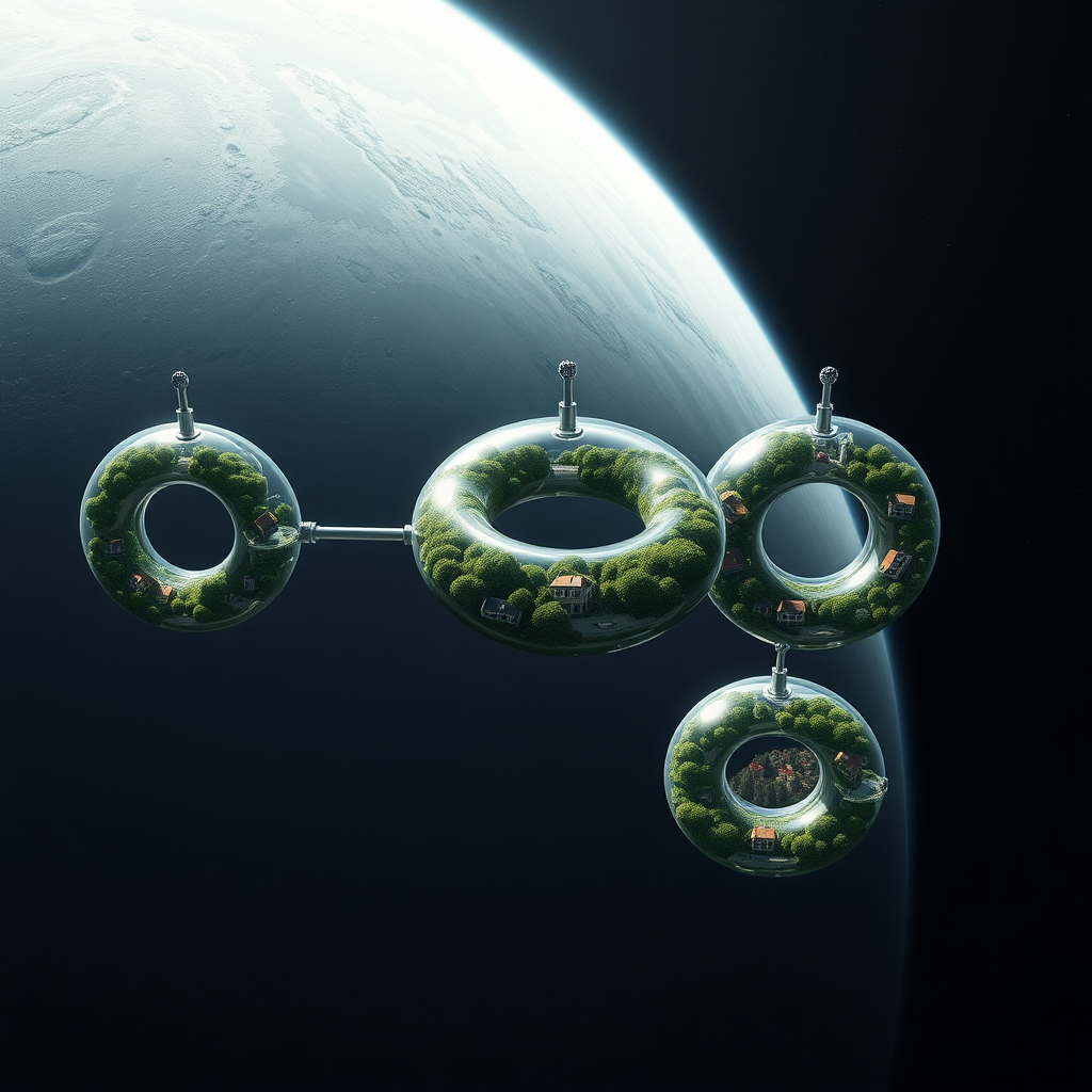 Three space stations orbiting a grey planet. Each station is 5 glass doughnuts stacked in a column with a rod connecting through the center of each hole. There are 3 stations like this, each with 5 stacked glass doughnuts. Each glass doughnut is full of plants, trees, and greenery, and contains hundreds of houses in neighborhoods.