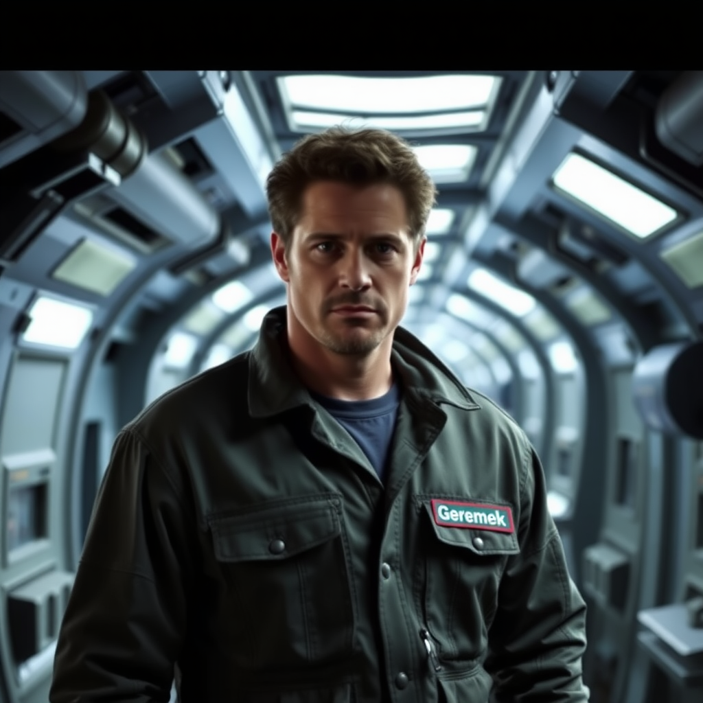 Ben Browder from Farscape in a jumpsuit standing in a dimly lit hallway of a space ship with a name tag that says "Geremek"