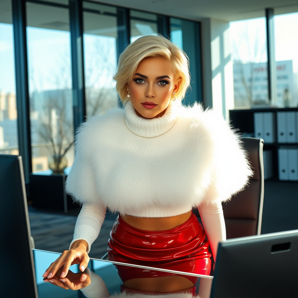 Sunny spring morning, modern glass-steel-concrete office, standing behind desk: Nina, 17 years old very convincing femboy, tamed servile docile, very beautiful feminine flawless face, rather short, by hormones very curvaceous womanly figured, platinum blond short tight curls, French nails, no makeup, wearing Supertanya-style fluffy very fuzzy bright white angora turtleneck-poncho cropped ending under bust, very tight bright red vinyl midi pencil skirt, purple shiny vinyl pumps with golden high heels, white pearl belly piercing, gold earrings, leaning forward hands on desktop presenting her assets, seductively looking at camera. Focus on face and turtleneck-poncho.