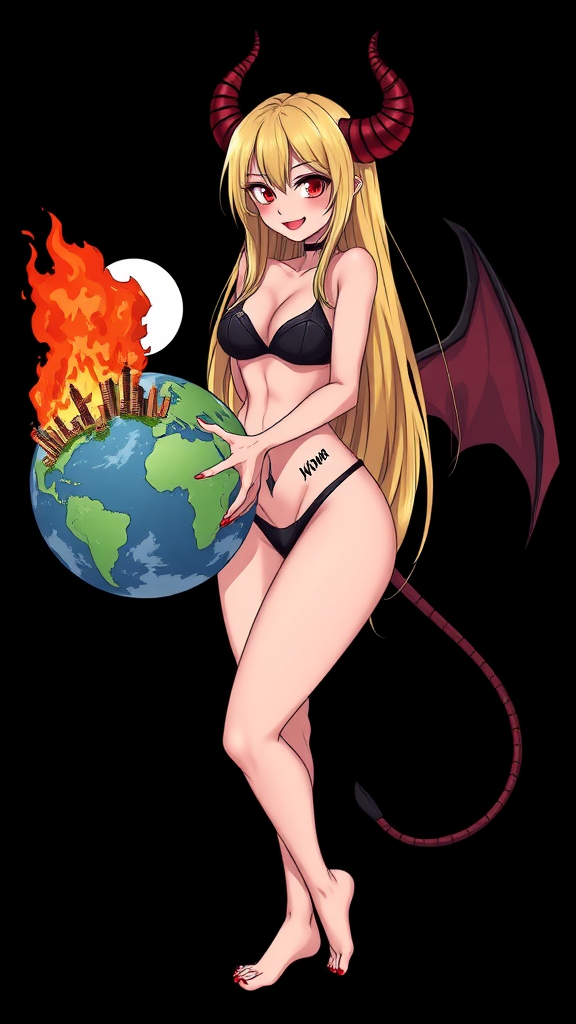 Anime, Black background, A mischievous tall-slender demon girl, 29 years old, perfect, red lips, long blond hair, wearing sexy-micro bikini-bra-like clothing, g-string, Womb tattoo on belly, mischievous smile, large breasts, full body, long legs, looking at viewer, speech bubble with a burning city, holding the earth.