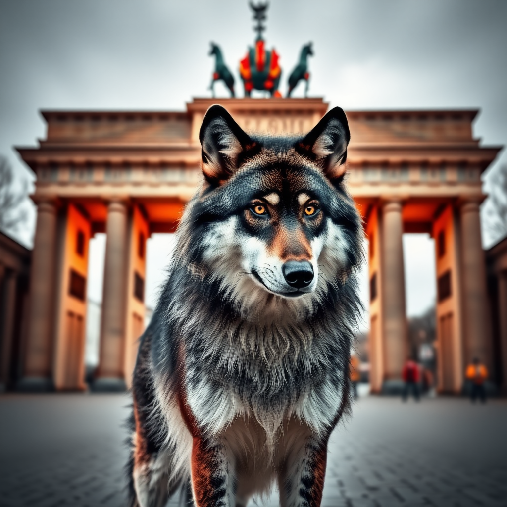 A wolf in black, white, and red stands in front of the Brandenburg Gate. Realistic photo.