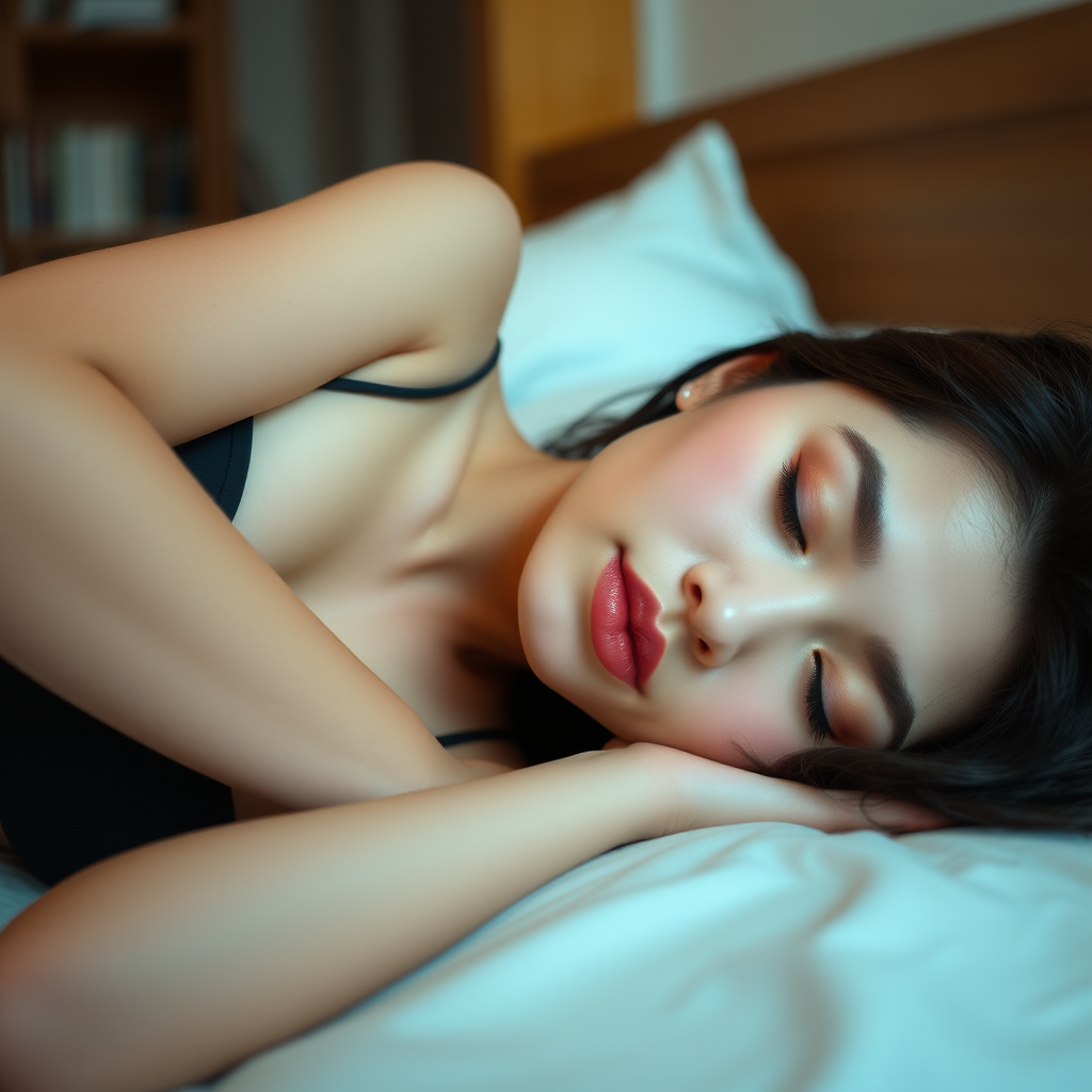 photo hyperrealistic low angle POV side view beautiful Asian woman sleeping